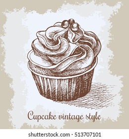 Sweet bakery decorated cupcakes hand drawn in vintage engraved style. Vector illustration on beige aged background