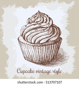Sweet bakery decorated cupcakes hand drawn in vintage engraved style. Vector illustration on beige aged background