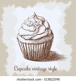 Sweet bakery decorated cupcakes hand drawn in vintage engraved style. Vector illustration on beige aged background