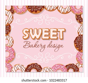 Sweet bakery design template. Cartoon hand drawn letters and donut frame on pastel pink.