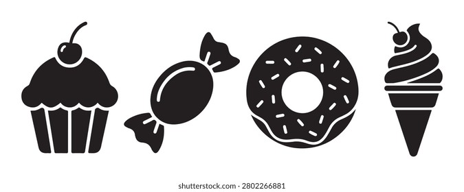 Sweet bakery dessert icon set with cupcake candy donut and ice cream cone silhouette
