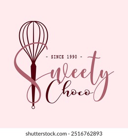 Sweet bakery. Dessert shop with wire whisk and chocolate, Lettering vintage retro style flat vector design, Logo, Icon, Sign, Labels, Badges, Emblem.