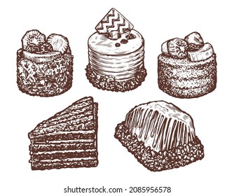 Sweet bakery, dessert sketch set. Food, cake with fruit, piece of pie