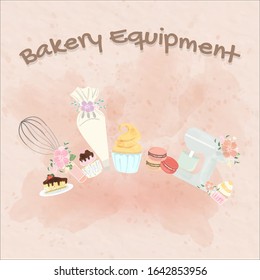 sweet bakery equipment watercolour style put on pink paper.there are whisk piping chocolate cupcake cake on the background. cute dessert doodle card for party invitation.designing food vector lover.