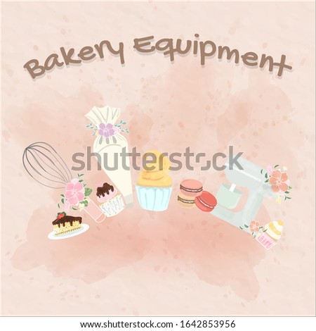 sweet bakery equipment watercolour style put on pink paper.there are whisk piping chocolate cupcake cake on the background. cute dessert doodle card for party invitation.designing food vector lover.