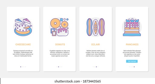 Sweet bakery food products vector illustration. UX, UI onboarding mobile app page screen set with line dessert menu of cafe baker shop or cafeteria, cheesecake, donuts, eclair, pancakes
