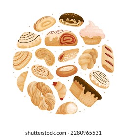 Sweet Bakery Food Round Composition Design with Baked Dough Pastry Vector Template