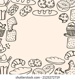 conjunto de ilustraciones alimentarias. postre dulce. vector dibujado a mano. fondo de comida. 