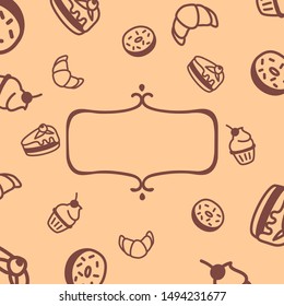 sweet bakery frame line pattern donut, cake, cupcake, croissant background