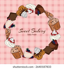 Sweet bakery goods frame a wreath banner or post background wallpaper with various types of baking products and confectionery. Bakery shop and cafeteria restaurant decoration round frame