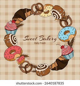 Sweet bakery goods frame a wreath banner or post background wallpaper with various types of baking products and confectionery. Bakery shop and cafeteria restaurant decoration round frame