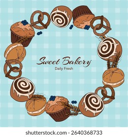 Sweet bakery goods frame a wreath banner or post background wallpaper with various types of baking products and confectionery. Bakery shop and cafeteria restaurant decoration round frame