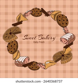 Sweet bakery goods frame a wreath banner or post background wallpaper with various types of baking products and confectionery. Bakery shop and cafeteria restaurant decoration round frame