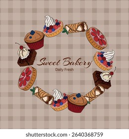 Sweet bakery goods frame a wreath banner or post background wallpaper with various types of baking products and confectionery. Bakery shop and cafeteria restaurant decoration round frame