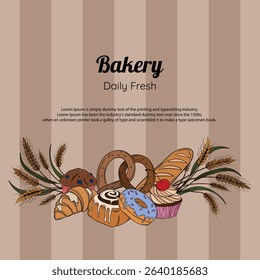 Sweet bakery goods poster banner or post background wallpaper with different types of baking products, confectionery. Bakery shop and cafeteria restaurant decoration