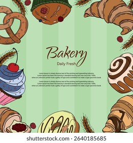 Sweet bakery goods poster banner or post background wallpaper with different types of baking products, confectionery. Bakery shop and cafeteria restaurant decoration