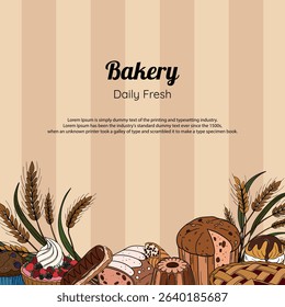 Sweet bakery goods poster banner or post background wallpaper with different types of baking products, confectionery. Bakery shop and cafeteria restaurant decoration