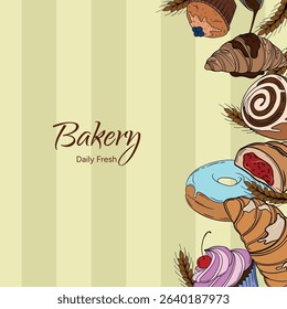 Sweet bakery goods poster banner or post background wallpaper with different types of baking products, confectionery. Bakery shop and cafeteria restaurant decoration