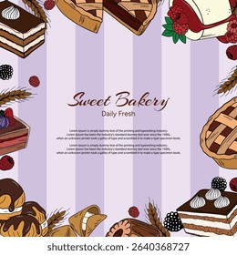 Sweet bakery goods poster banner or post background wallpaper with different types of baking products, confectionery. Bakery shop and cafeteria restaurant decoration