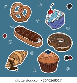 Sweet bakery goods set collections with various types of baking products and confectionery. Bakery shop and cafeteria restaurant decoration 