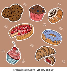 Sweet bakery goods set collections with various types of baking products and confectionery. Bakery shop and cafeteria restaurant decoration 