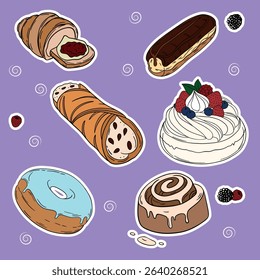 Sweet bakery goods set collections with various types of baking products and confectionery. Bakery shop and cafeteria restaurant decoration 