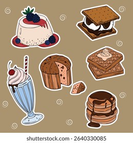 Sweet bakery goods set collections with various types of baking products and confectionery. Bakery shop and cafeteria restaurant decoration 