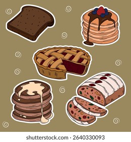 Sweet bakery goods set collections with various types of baking products and confectionery. Bakery shop and cafeteria restaurant decoration 