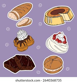 Sweet bakery goods set collections with various types of baking products and confectionery. Bakery shop and cafeteria restaurant decoration 