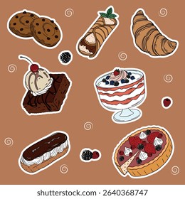Sweet bakery goods set collections with various types of baking products and confectionery. Bakery shop and cafeteria restaurant decoration 