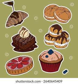 Sweet bakery goods set collections with various types of baking products and confectionery. Bakery shop and cafeteria restaurant decoration 