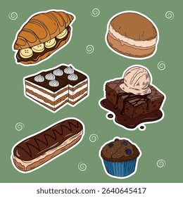 Sweet bakery goods set collections with various types of baking products and confectionery. Bakery shop and cafeteria restaurant decoration 