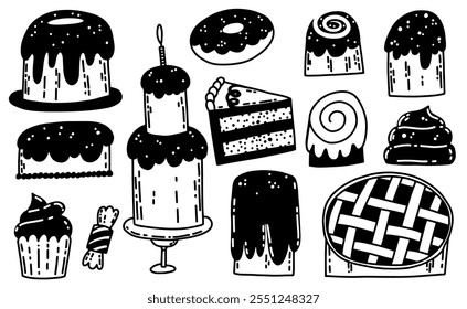 Sweet bakery hand drawn doodle vector collection. Cake Birthday, pastry, muffin, donut, candy. Delicious food. Black and white design