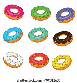 Sweet bakery. Isolated donuts set with colorful glaze vector illustration. Design elements, stickers, in hand drawn style for bakery, menu, cafe, shops