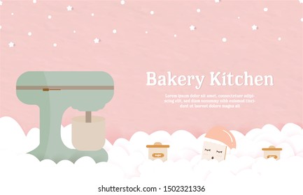 sweet bakery kitchen cover banner pink background paper cute bread card vector cloud yummy sugar and flour box with text mixture aid lovely cartoon food character design pastel colour 