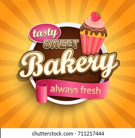 Sweet bakery label with cupcake for your design. Vector illustration.