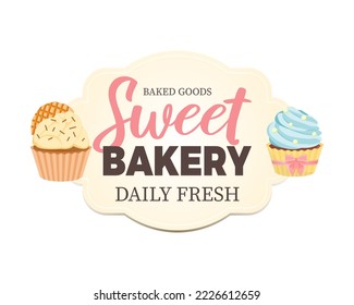 Sweet bakery label with cupcakes. Cute vintage style.