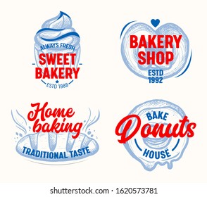 Sweet Bakery Labels Set Isolated on White Background. Home Donuts and Baking Production Elements, Stickers or Labels for Bake House Advertising, Promo or Package Design. Vector Illustration