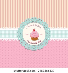Dulce concepto de fondo de encaje de panadería y cupcake de panadería logo