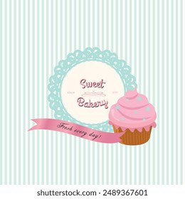 Sweet bakery lace background concept with logo bakery cupcake and ribbon