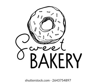 Sweet Bakery Logo with Donuts sketch. Text with hand drawn sketch element. Food Branding. Dessert Logo. Typography poster for poster, card. Traditional dessert with topping and sprinkles.