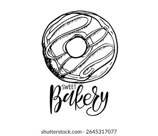 Sweet Bakery Logo with Donuts sketch. Text with hand drawn sketch element. Label emblem badge bakery. Food Branding. Dessert Logo. Typography poster for poster, card. Traditional dessert with topping.