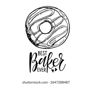 Sweet Bakery Logo with Donuts sketch. Text with hand drawn sketch element. Food Branding. Dessert Logo. Typography poster for poster, card. Traditional dessert with topping and sprinkles.