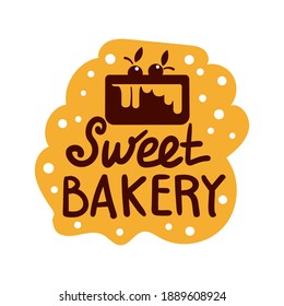 Sweet bakery logo or icon with cake. Flat bakery and cake silhouette with signs for pastry food shop. Food of dough and flour badges vector isolated