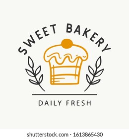 Sweet bakery logotype template, badge label with hand drawn doodle elements. Elegant logo emblem, vintage retro style small business sign