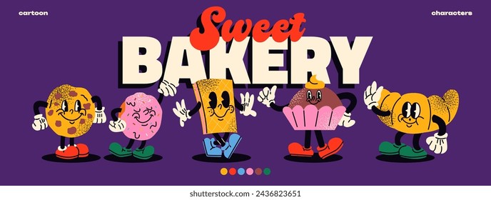 Personajes de mascotas de panadería dulce en estilo de dibujos animados con las manos enguantadas. Croissant, magdalena, bollo, galletas, gofre, brillante póster vector