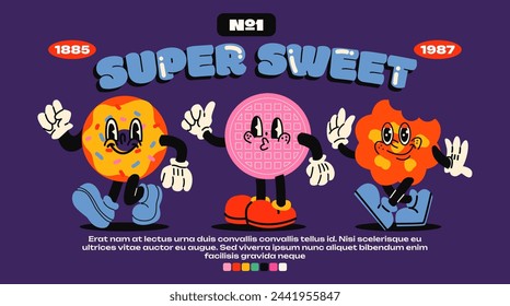 Sweet bakery mascot characters in cartoon style with gloved hands. Donut, cookies, waffle, bright groovy vector poster in retro 90s style