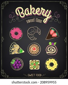 Sweet Bakery Menu. Set on a chalkboard for design in retro style. Chalk drawing