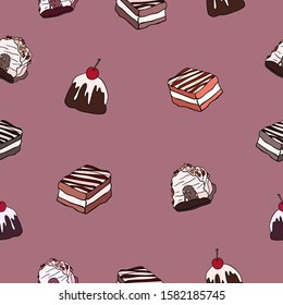 Sweet bakery on pink background. Seamless delicious pattern. Chocolate cupcake with cherry, cake with cream and caramel.
