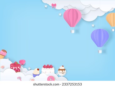 Sweet bakery and pastel hot air balloon with a cloud on blue background. Paper art style.